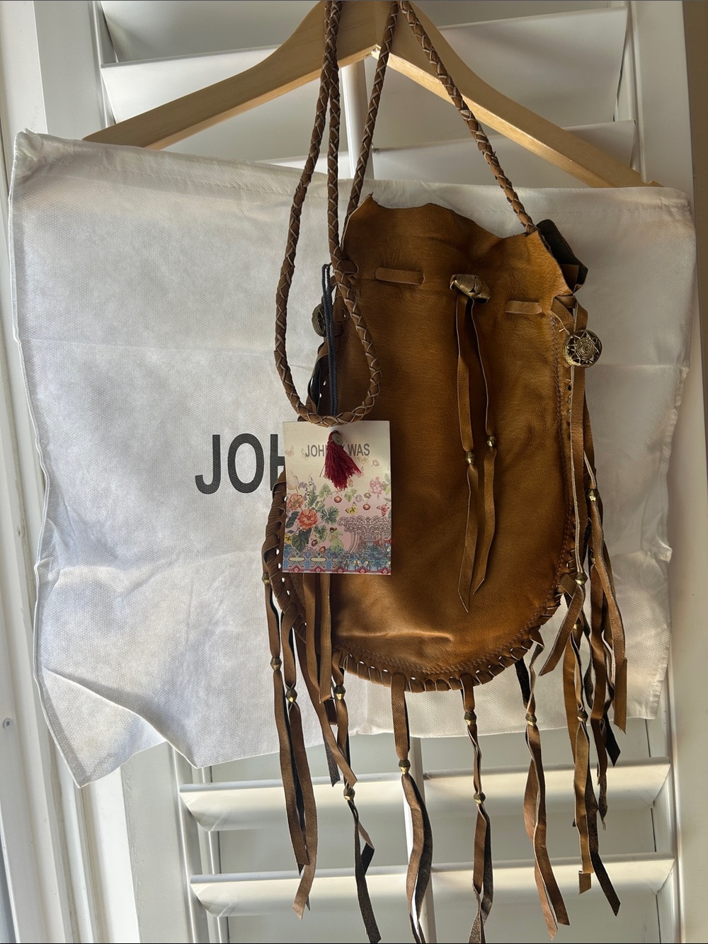 Johnny Was Tan Suede Fringe Drawstring Crossbody Bag